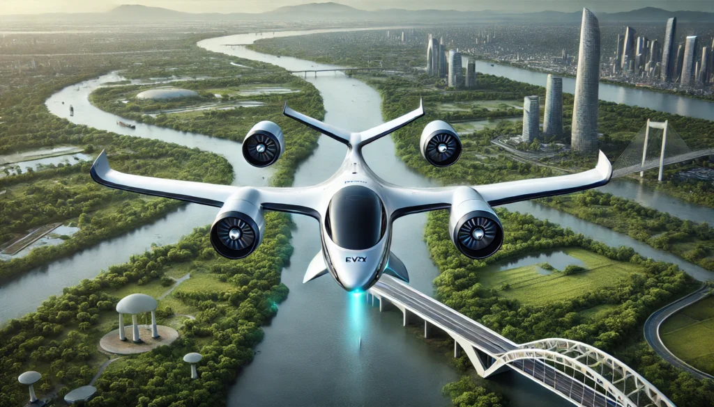 A close-up view of an advanced electric vertical take-off and landing (eVTOL) aircraft, resembling the Lilium Jet, in mid-flight above a serene river Lilium