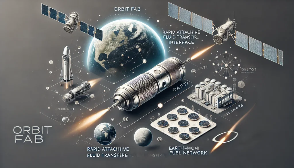 A series of small visual elements representing Orbit Fab's milestones and innovative achievements. Highlights include a depiction of the RAFTI (Rapid Orbit fab