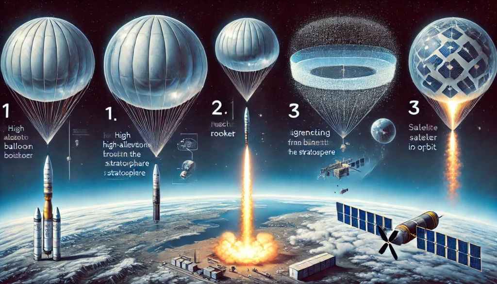 A detailed illustration showing how SpaceRyde's unique launch system works. The image features three main stages_ (1) A high-altitude balloon lifting SpaceRyde