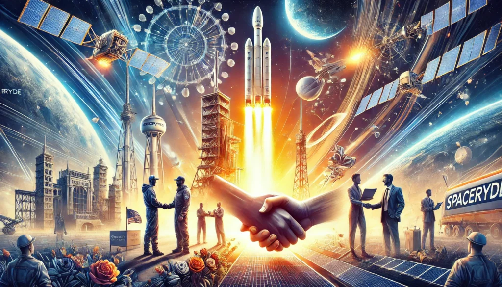 An artistic and futuristic illustration showing SpaceRyde's success stories and milestones. The image features key moments_ (1) a successful test laun SpaceRyde