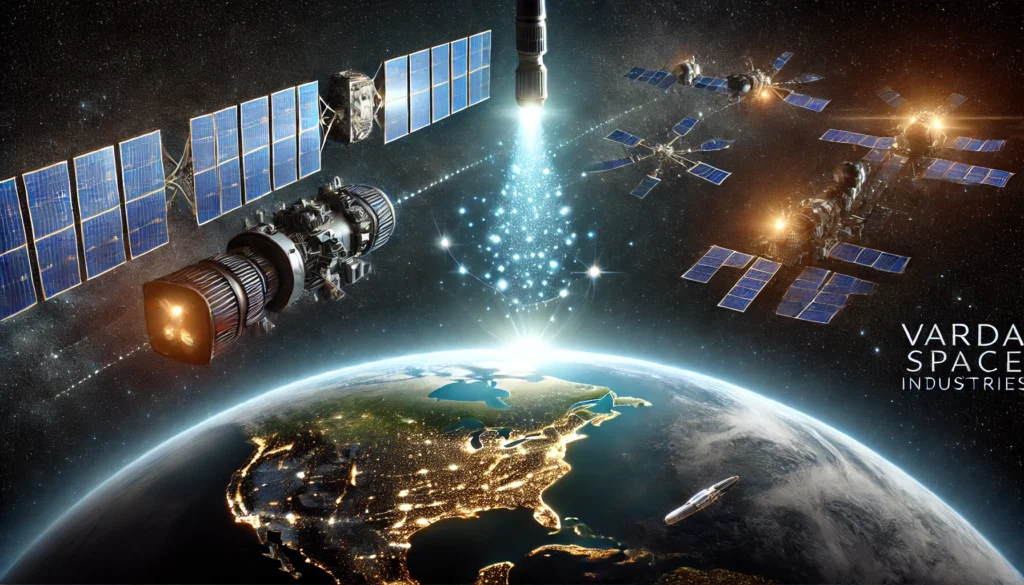 An illustration of Varda Space Industries' business model showing a futuristic supply chain. The scene depicts satellites in orbit acting as microfact Varda Space Industries