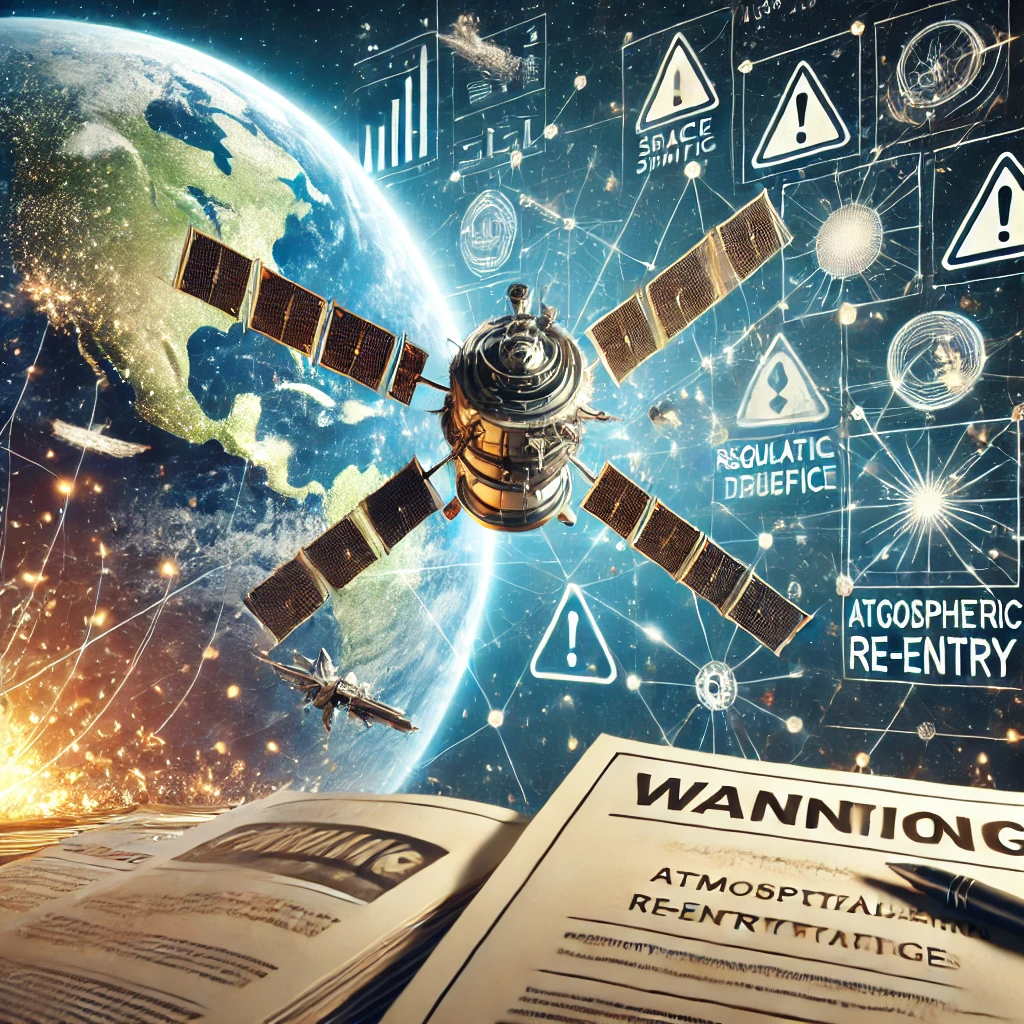A conceptual illustration highlighting the challenges of space-based manufacturing_ a spacecraft navigating through a field of space debris with Earth Varda Space Industries