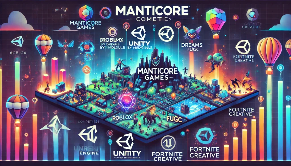 An infographic-style image showing Manticore Games' market landscape and competitors. The image should include notable competitors such as Roblox, Dre Manticore Games