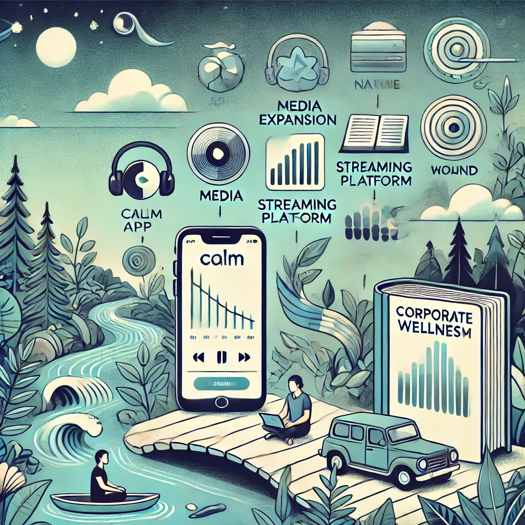 A detailed and visually rich illustration showing the evolution of the Calm app from a simple meditation tool to a comprehensive wellness platform. Th Calm