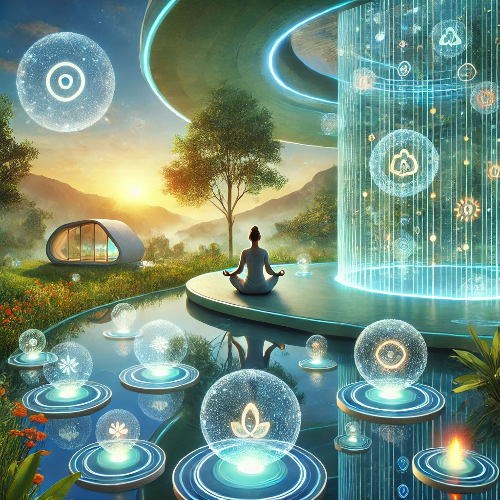 A futuristic depiction of mental wellness and mindfulness inspired by Calm's vision. The image showcases a modern, serene environment with a blend of Calm