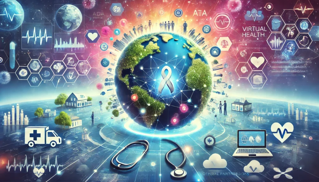 An inspiring, futuristic illustration representing the future vision of Virta Health. The image shows an advanced digital health ecosystem, with virtu Virta health