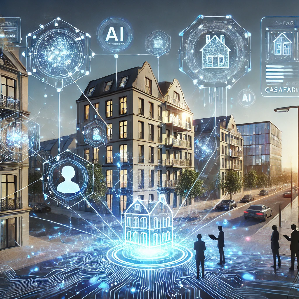 A futuristic illustration showing a tech-driven real estate platform with data streams and AI algorithms visualized as glowing lines connecting variou Casafari