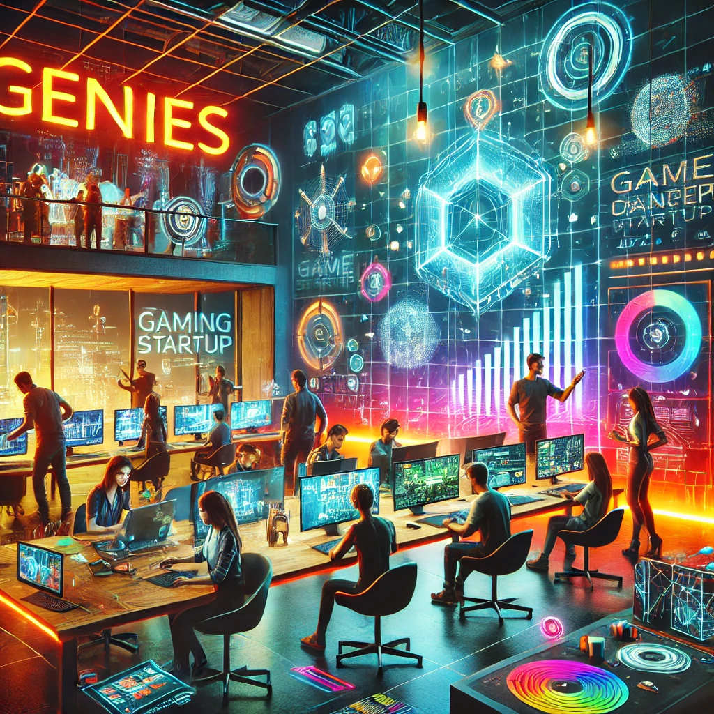 DALL·E 2025-01-25 23.42.51 - A vibrant and dynamic depiction of a gaming startup called 'Genies'. The scene features a futuristic office environment with young, diverse profession Genies: The company works to advance digital identification systems into the future.