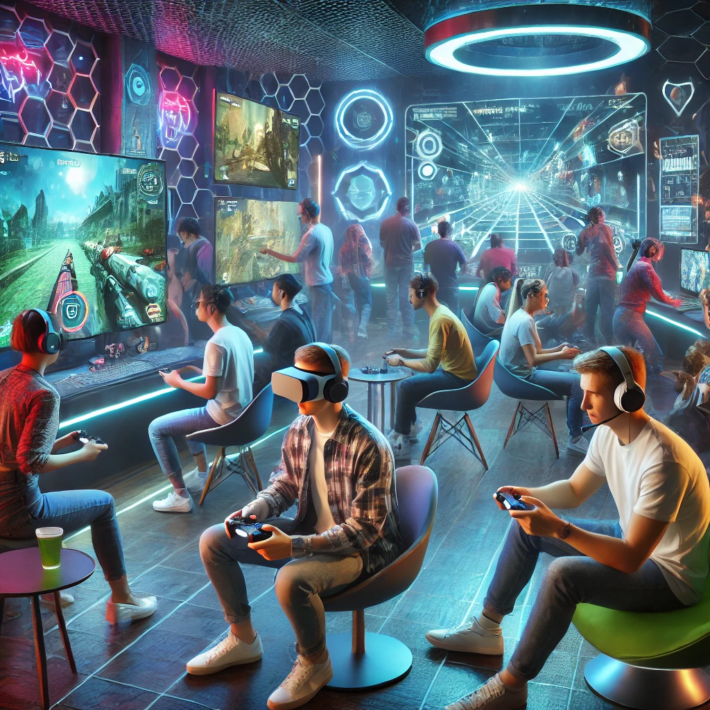 DALL·E 2025-01-25 23.44.03 - A lively and immersive scene of people playing video games in a futuristic gaming lounge. Diverse players are seen engaged in various gaming experienc Genies: The company works to advance digital identification systems into the future.