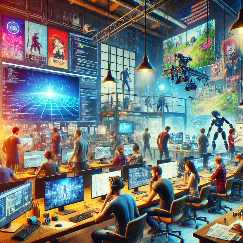 DALL·E 2025-01-25 23.44.35 - A vivid depiction of game developers creating a video game in a modern studio. Diverse developers are working on computers with large screens displayi Genies: The company works to advance digital identification systems into the future.