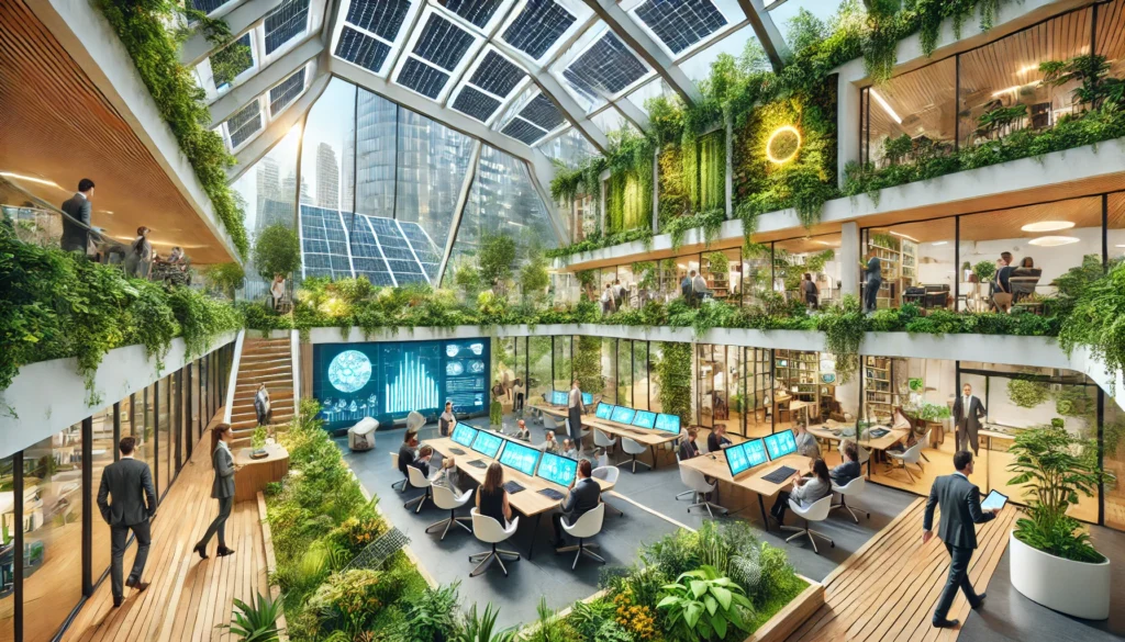 DALL·E 2025-02-02 01.49.57 - A futuristic eco-friendly startup office named 'EcoFusion' with a sleek, modern design, surrounded by lush greenery, solar panels, and vertical garden EcoFusion: Where Sustainability and Innovation Unite