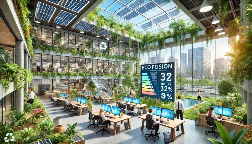 DALL·E 2025-02-02 01.51.14 - A futuristic eco-friendly startup hub named 'EcoFusion' with a biophilic design, integrating nature seamlessly into the workspace. The office features EcoFusion: Where Sustainability and Innovation Unite
