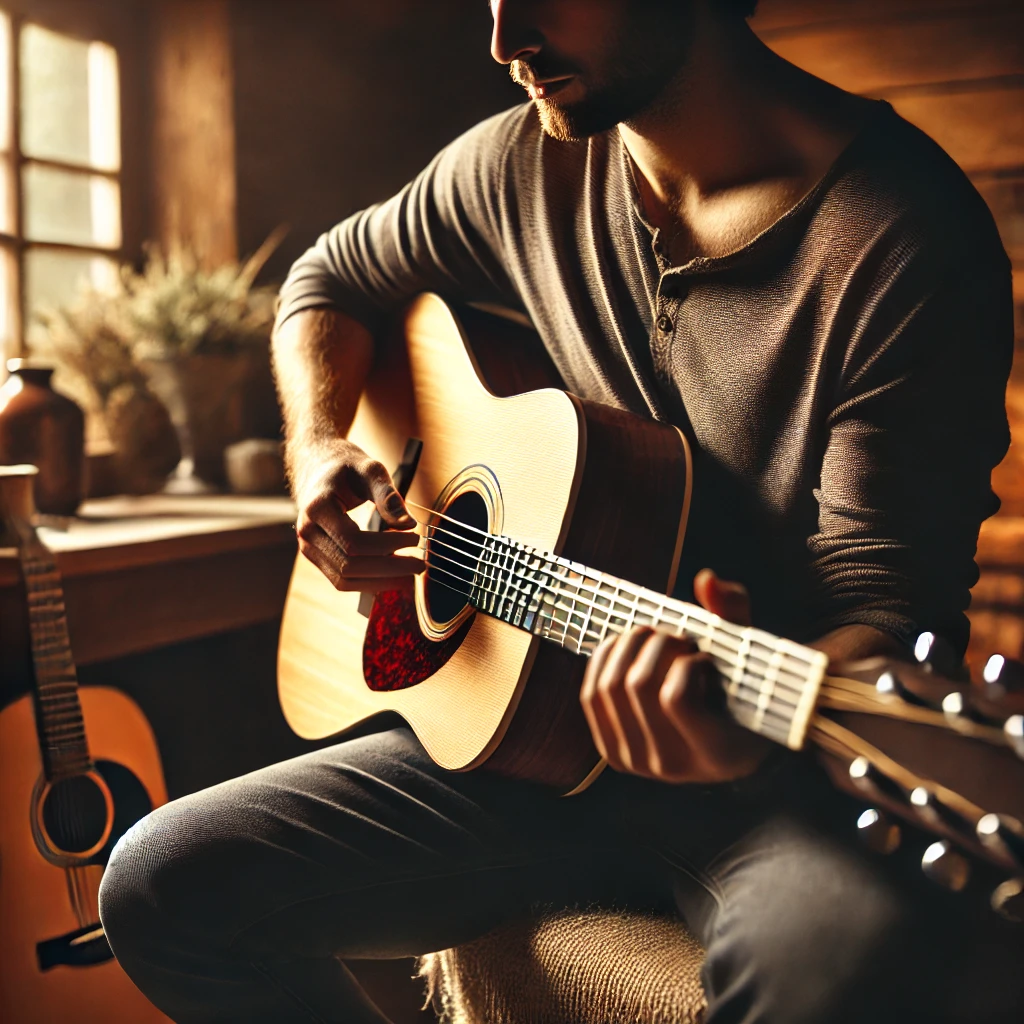 DALL·E 2025-02-16 13.32.37 - A musician playing a Martin acoustic guitar, sitting in a cozy, warmly lit room. The guitarist's fingers are positioned on the fretboard, strumming th The Timeless Legacy of Martin Guitar: Crafting Music, History, and Soul