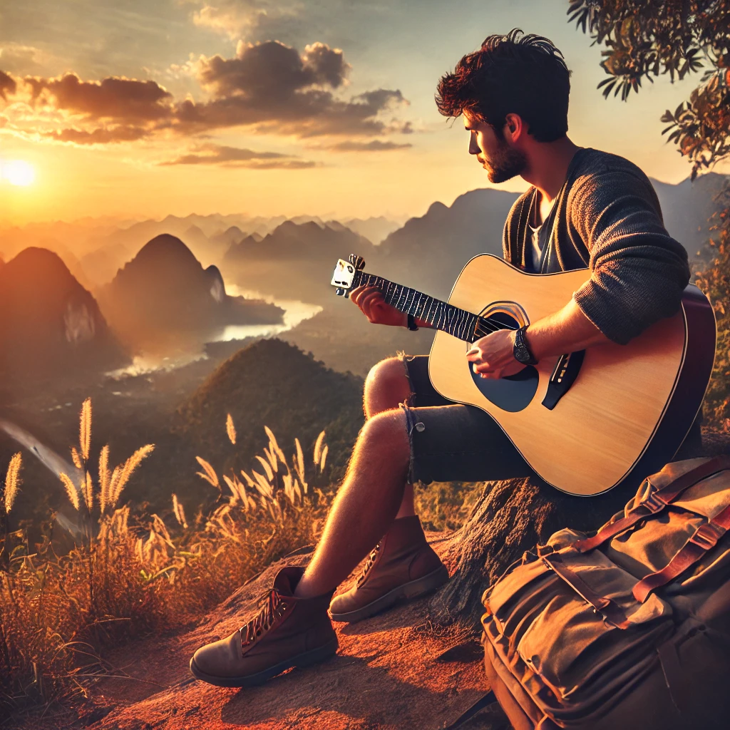 DALL·E 2025-02-16 13.32.58 - A traveler playing a Martin acoustic guitar while sitting on a scenic overlook, with mountains and a sunset in the background. The musician is dressed The Timeless Legacy of Martin Guitar: Crafting Music, History, and Soul