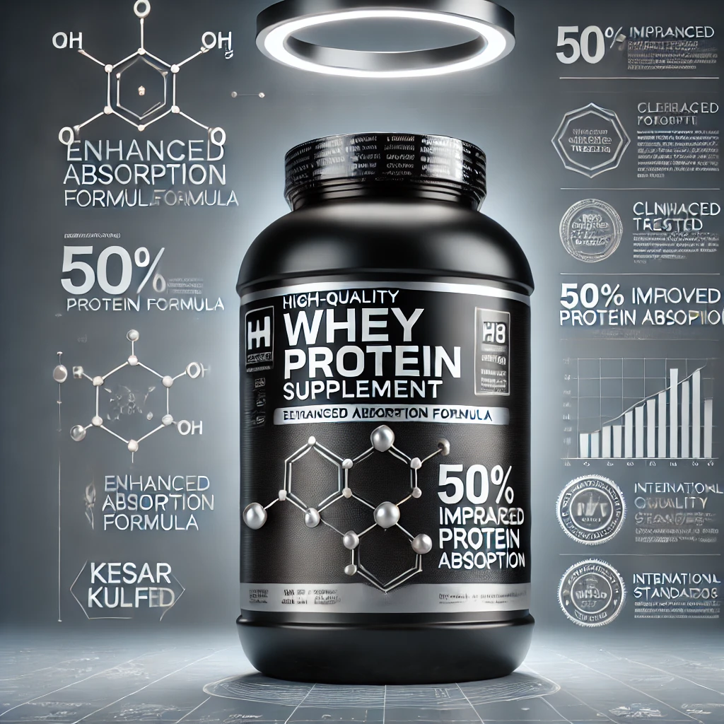 DALL·E 2025-02-22 00.05.08 - A high-quality whey protein supplement container with a sleek modern design. The container is black and silver with a bold logo and scientific molecul The Rise of MuscleBlaze: Revolutionizing Fitness Nutrition in India